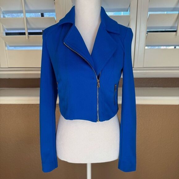 Cache Women's 2 Asymetrical Zip Moto Jacket Royal Blue Cropped Blazer City Style - Picture 1 of 5